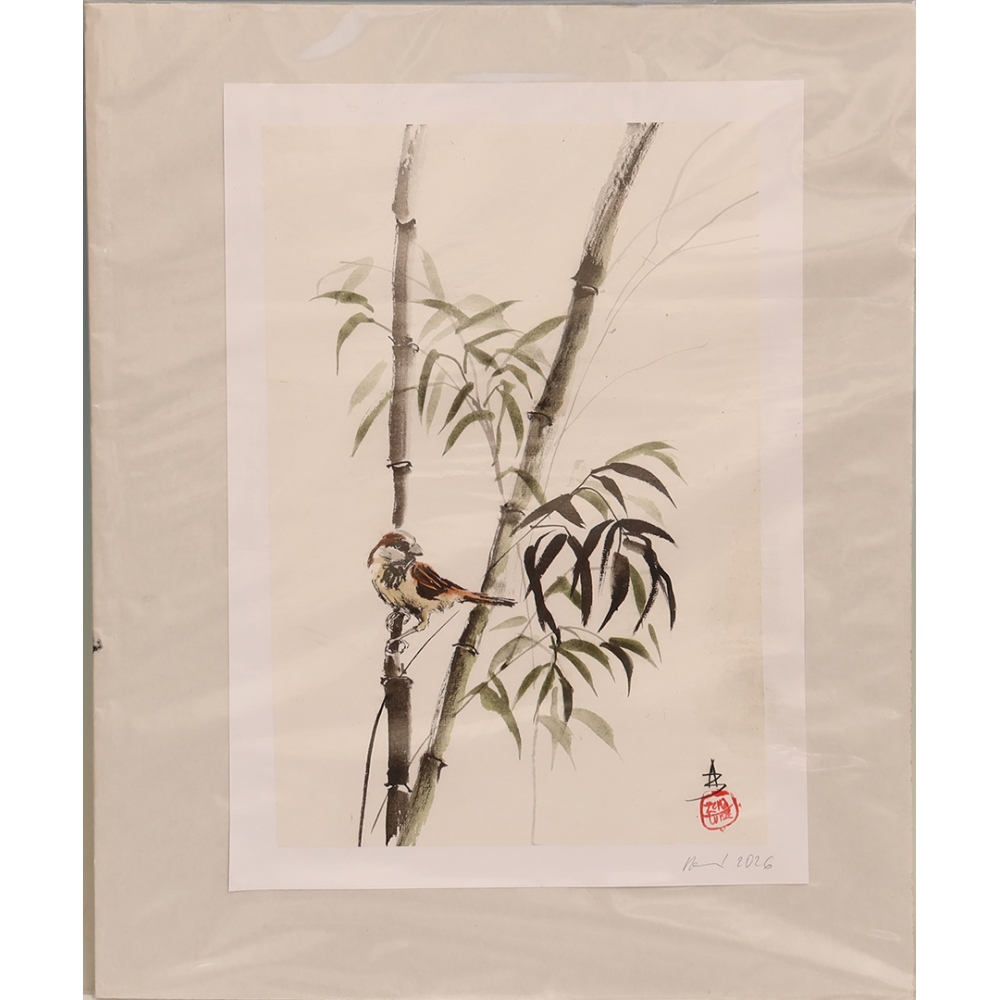 Calligrafia - Passero tra i bambù