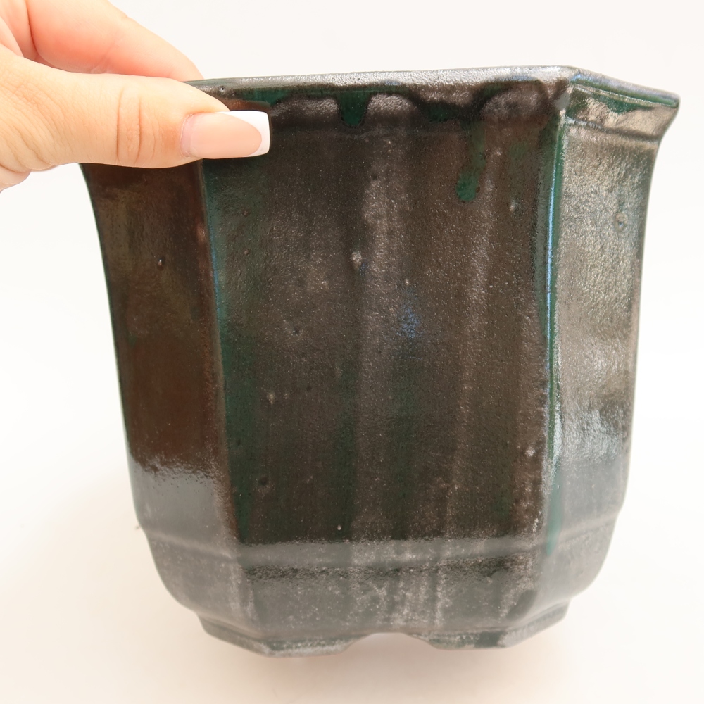 Vaso da bonsai in ceramica 17,5 x 17,5 x 15,5 cm, colore verde metallizzato