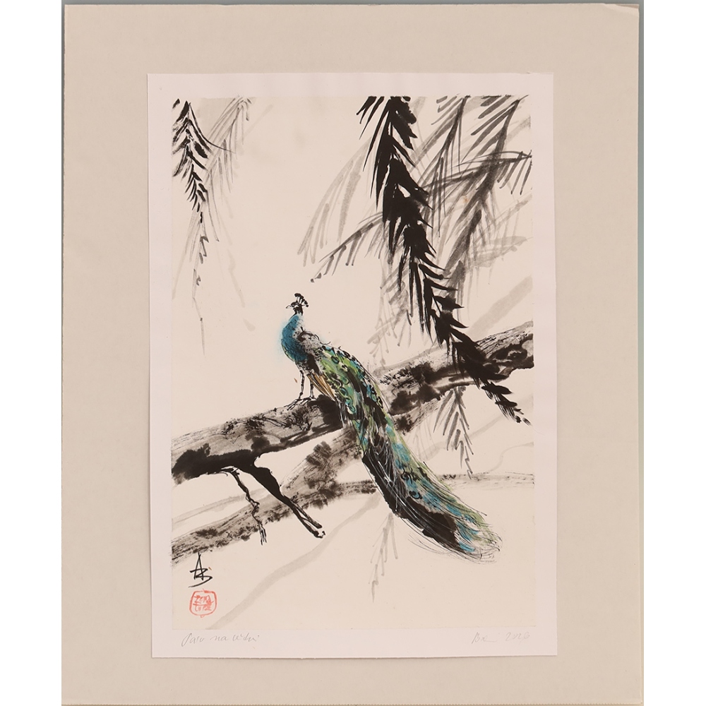 Calligrafia - Pavone su un ramo
